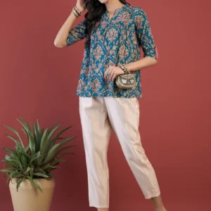 Ethnic Motifs Print Mandarin Collar Roll Up Sleeves Lace Up Regular Top